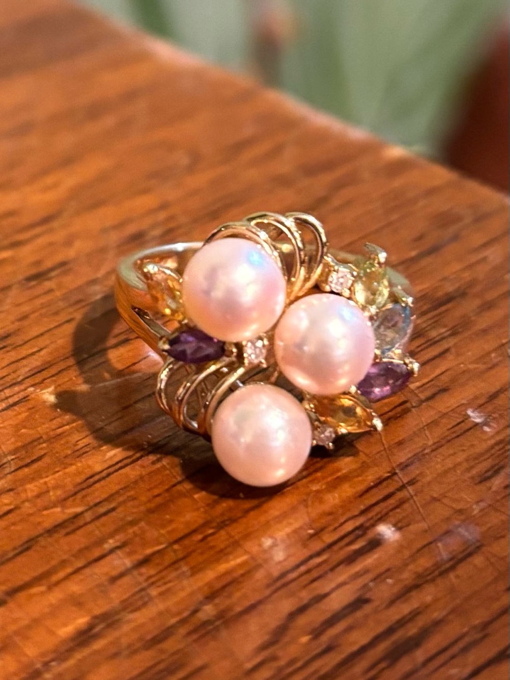 14K Gold Pearl, Diamond & .63ctw Multi-Gemstone Vintage Cocktail Ring in Size 7
